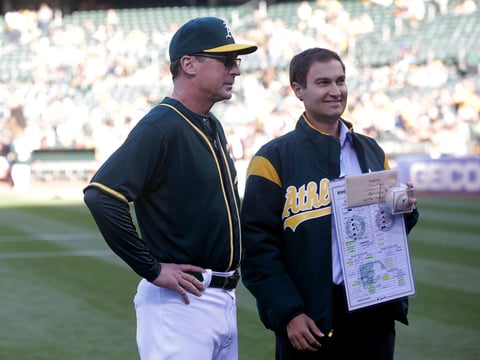 Oakland Athletics manager Bob Melvin, left, and president Dave Kaval before a baseball game between the Athletics and the San Francisco Giants in Oakland, Calif., Monday, July 31, 2017.