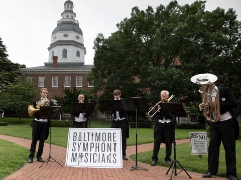 Baltimore Symphony Orchestra musicians performing at the state capitol, in Annapolis, June 13, to urge Gov. Larry Hogan to release state funding for the financially strapped orchestra.