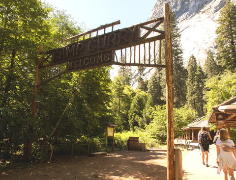 A banner was removed Monday at Yosemite's Curry Village that had showed the temporary "Half Dome Village" name.