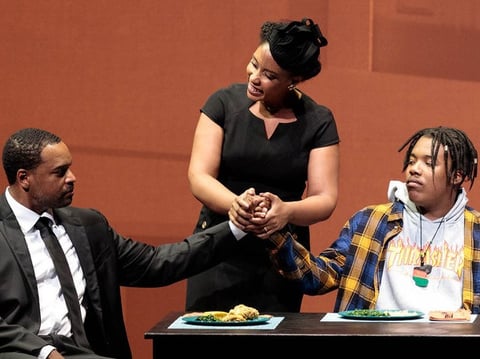 Kenneth Kellogg, Briana Hunter and Aaron Crouch play The Father, The Mother and The Son in the world premiere of Blue at the 2019 Glimmerglass Festival.