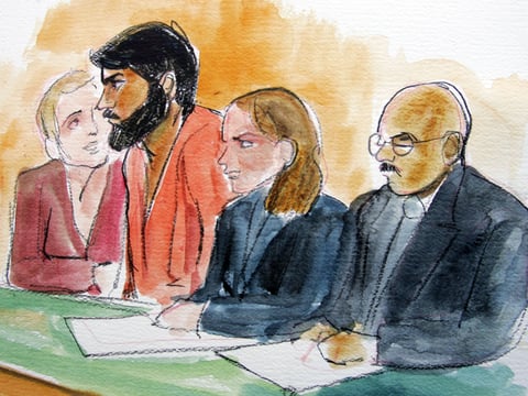 Artist drawing of Hamid Hayat, second from left, with with unidentified translator, far left, attorney Wazhma Mojaddidi, second from right, and attorney Johnny Griffin, right, in a federal court in Sacramento, June 10, 2005.