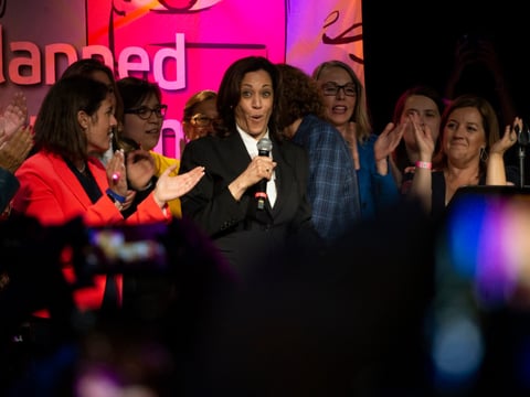 Kamala Harris surrounded by California legislators and other women at a Planned Parenthood event in downtown San Francisco on May 31, 2019.