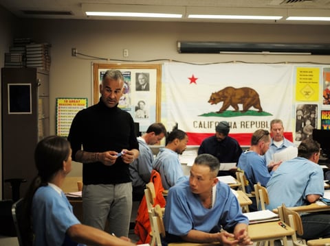 Cal State LA English professor Bidhan Roy, teaches a class at the state prison in Lancaster in 2016.