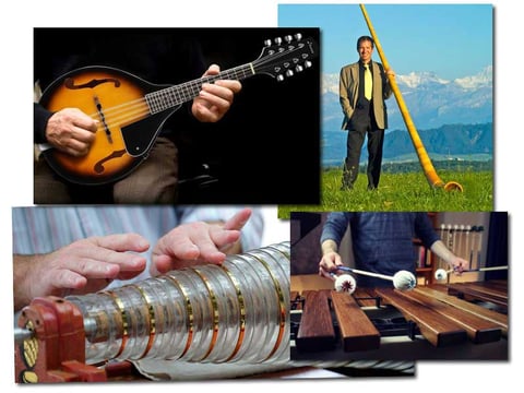Concertos have been written for the mandolin (top left), Swiss alphorn (top right,) glass armonica (bottom left), and marimba (bottom right).