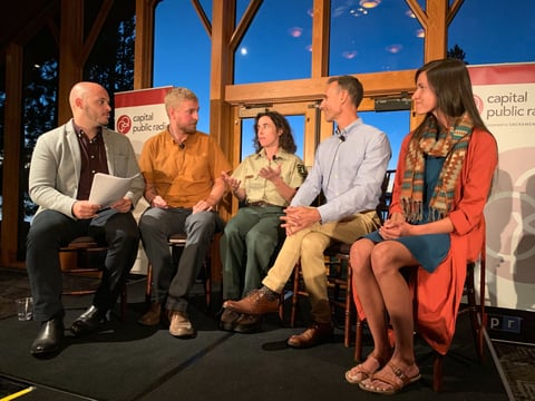 Ezra David Romero speaks with Devin Middlebrook, Stephanie Coppeto, Chris Anthony and Helen Fillmore (left to right) during the TahoeLand Live event on Sept. 25 in South Lake Tahoe.