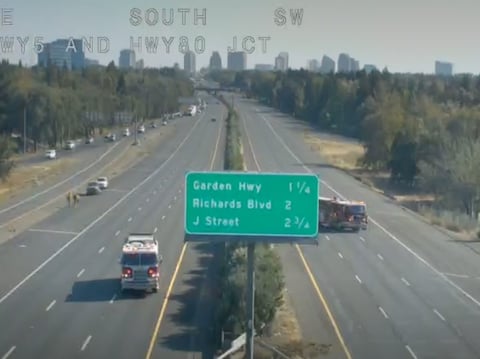 Caltrans camera images of Interstate 5 shutdown at Interstate 80 due to a grass fire Sunday, Oct. 27, 2019.