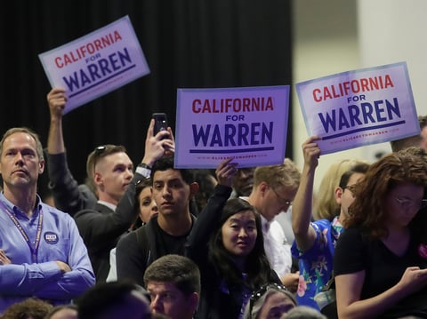 Supporters of Democratic presidential candidate Sen. Elizabeth Warren, D-Mass., hold up signs as she speaks during the 2019 California Democratic Party State Organizing Convention in San Francisco, Saturday, June 1, 2019.