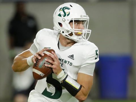 Sacramento State quarterback Kevin Thomson looks to pass against Arizona State during the first half of an NCAA college football game, Friday, Sept. 6, 2019, in Tempe, Ariz.