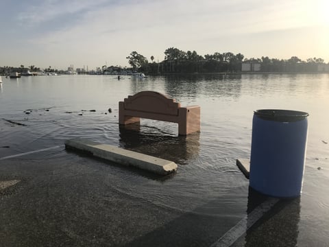 This is Marine Stadium, a park in Long Beach, CA, during high tide. Sea levels have risen over time, and can be seen during high tide in areas along the coastline.