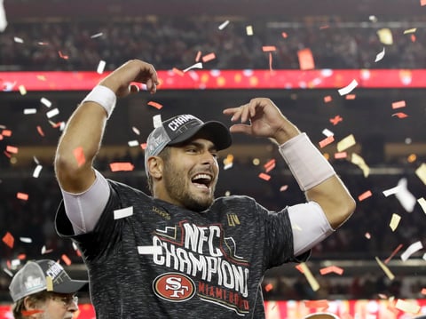 San Francisco 49ers quarterback Jimmy Garoppolo celebrates after their teams win against the Green Bay Packers in the NFL NFC Championship football game Sunday, Jan. 19, 2020, in Santa Clara, Calif.