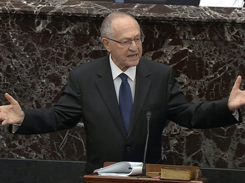 Alan Dershowitz, an attorney for President Trump, speaks during the impeachment trial against Trump in the Senate on Monday.