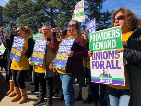 Child care workers rally outside the California state Capitol on Feb. 5, 2020.