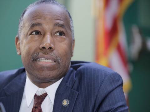 U.S. Department of Housing and Urban Development secretary Ben Carson takes questions from the media as he visits the Union Rescue Mission in Skid Row area of downtown Los Angeles Wednesday, Sept. 18, 2019.