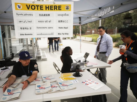 California holds early voting at a new L.A. County "Mobile Vote Center" on Feb. 27 in Los Angeles. The state's presidential primary is on Super Tuesday, March 3.