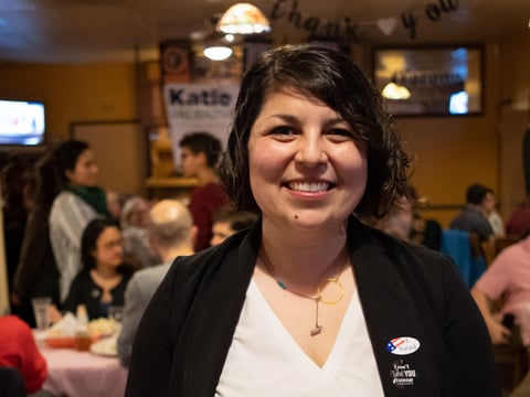 Sacramento City Council District 4 candidate Katie Valenzuela celebrates her campaign with dinner for her volunteers at a restaurant.