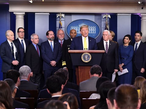 President Trump speaks about the coronavirus alongside Vice President Mike Pence and members of the Coronavirus Task Force in the Brady Press Briefing Room at the White House in Washington, D.C., Monday.