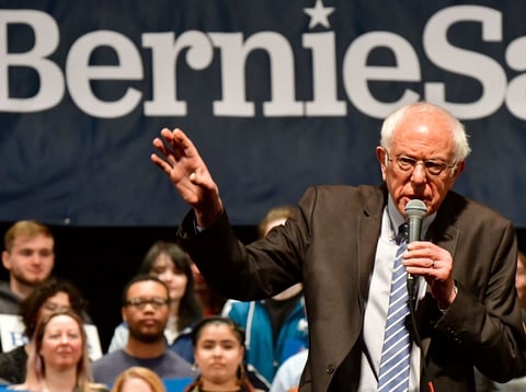 Vermont Sen. Bernie Sanders speaks at a rally in downtown St. Louis on Monday.