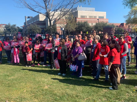 Nurses gather outside Kaiser Permanente South Sacramento to protest new guidelines which no longer require N95 respirators for health workers treating COVID-19 patients Wednesday, March 11, 2020.