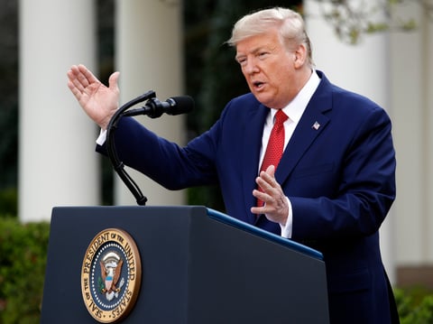 President Donald Trump speaks during a coronavirus task force briefing in the Rose Garden of the White House, Sunday, March 29, 2020, in Washington.