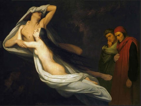 Francesca da Rimini & Paolo Malatesta, Appraised by Dante & Virgil (Ary Scheffer, 1854)
