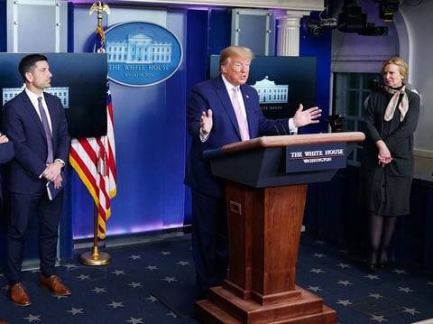 President Trump holds a briefing with the coronavirus task force at the White House on April 1.
