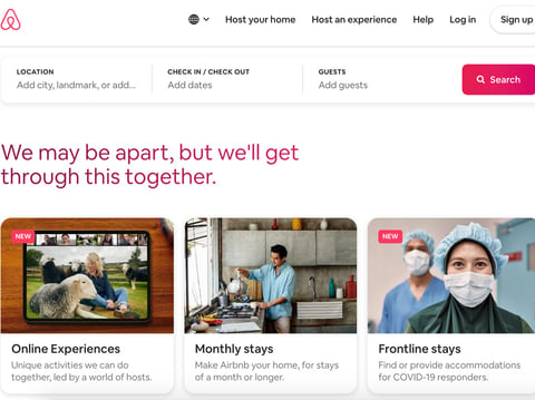 A screengrab of the Airbnb website taken Monday April 13, 2020, nearly one month in the California stay-at-home order.