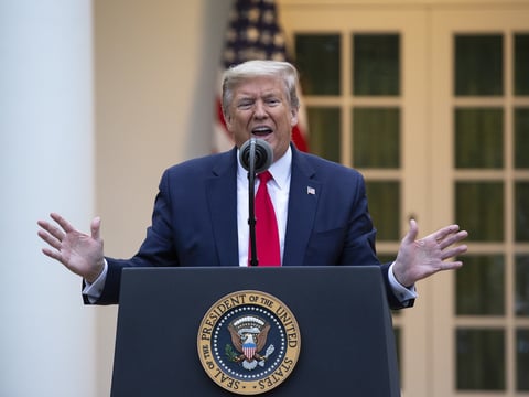 U.S. President Donald Trump addresses reporters at the daily coronavirus news briefing on Tuesday, April 14, 2020.