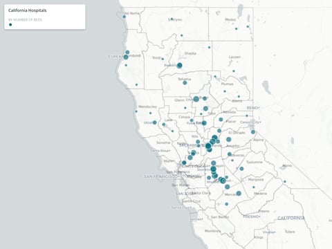This map shows hospitals across Northern California & the northern Central Valley. The size of the dots indicates the number of beds that hospital has.