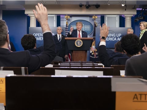 President Trump addresses reporters in the James S. Brady Press Briefing Room at the White House on Thursday.