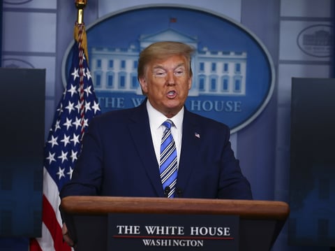 WASHINGTON, DC - APRIL 19: U.S. President Donald Trump addresses reporters at the daily coronavirus briefing.