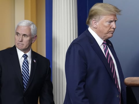 President Trump and Vice President Pence arrive at a coronavirus task force briefing at the White House.
