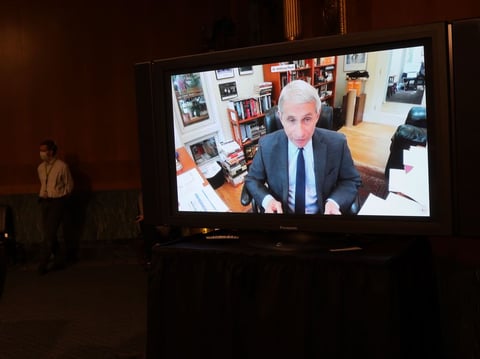 Dr. Anthony Fauci, director of the National Institute of Allergy and Infectious Diseases, speaks remotely Tuesday during a Senate Health, Education, Labor and Pensions Committee hearing on the coronavirus.