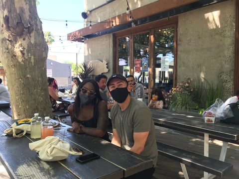 Carlos Peralta and Marlayna Thomas say they’re not ready to sit inside a restaurant yet, but the patio of Lowbrau in midtown Sacramento is fine. “I miss people and interactions,” Thomas said on Saturday.