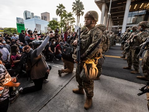 The California National Guard is deployed around Los Angeles City Hall during one of several protests in response to the killing of George Floyd by police in Minneapolis, on May 31, 2020.