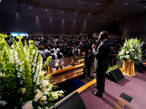 The Rev. Remus Wright speaks during Tuesday's funeral service for George Floyd at The Fountain of Praise church in Houston.