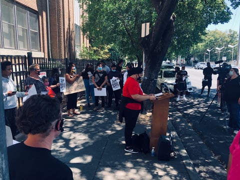 Demonstrators gathered outside the Stockton Unified School District Police Department to call for defunding the police.
