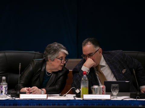 President of the University of California Janet Napolitano, left, and John A Perez, Chair of the UC Board of Regents speak before the start of the Regents meeting on January 23, 2020 at UCSF Mission Bay Conference Center.
