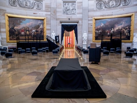 The catafalque for the casket of the late Rep. John Lewis, D-Ga., is visible in the center of the U.S. Capitol Rotunda in Washington, Friday, July 24, 2020, before he lies in state Monday.