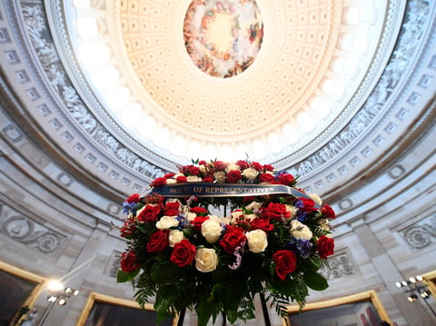 A wreath is shown prior to the start of a memorial service for Rep. John Lewis, D- Ga., in the Capitol Rotunda on Capitol Hill on Monday.