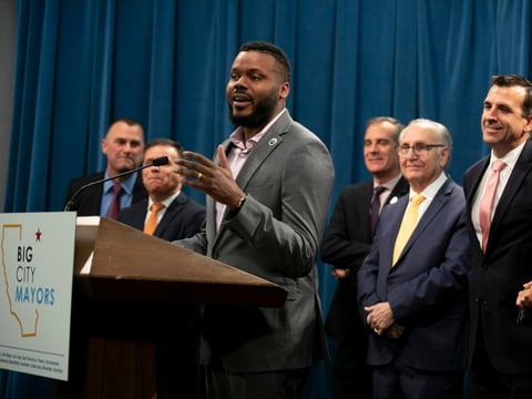 Stockton Mayor Michael Tubbs speaks during a press conference by Big City Mayors, a coalition of mayors from California’s 13 largest cities focused on finding solutions to homelessness, at the California Capitol on March 9, 2020.