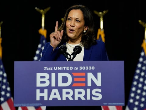 Democratic presidential candidate former Vice President Joe Biden's running mate Sen. Kamala Harris, D-Calif., speaks during a campaign event at Alexis Dupont High School in Wilmington, Del., Wednesday, Aug. 12, 2020.