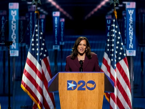 Democratic vice presidential candidate Sen. Kamala Harris, D-Calif., speaks in Wilmington, Del., during Night 3 of the Democratic National Convention. She spoke about her upbringing and her family and her background as a prosecutor.