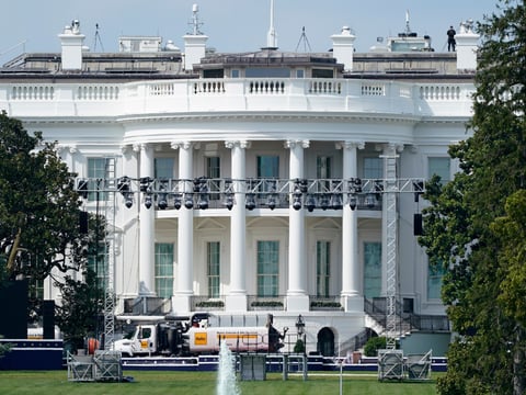 Lights and staging stand on the South Lawn of the White House, Friday, Aug. 21, 2020, in Washington. President Donald Trump is expected to speak to the Republican National Committee convention next week from the South Lawn of the White House.