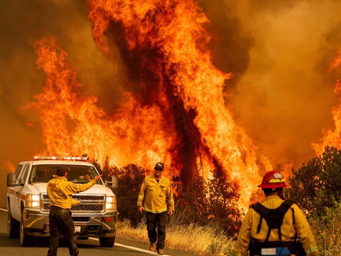 Flames from the LNU Lightning Complex fires leap above Butts Canyon Road on Sunday, Aug. 23, 2020, as firefighters work to contain the blaze in unincorporated Lake County, Calif.