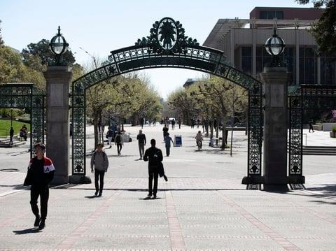 A few students walk through Sproul Plaza, normally bustling with student organization tables, on March 12, 2020.