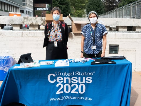 U.S. Census Bureau workers stand outside Lincoln Center in New York City in September. A federal judge has ordered the bureau to keep counting for the 2020 census through Oct. 31 for now.