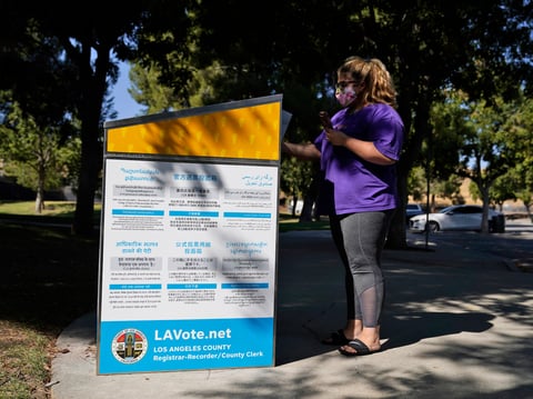 An official ballot drop box is seen Wednesday, Oct. 14, 2020, in Santa Clarita, Calif. For the first time, all of California's more than 21 million active registered voters got a ballot in the mail that they can fill out in their own homes.