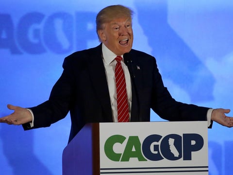Republican presidential candidate Donald Trump speaks at the California Republican Party 2016 Convention in Burlingame, Calif., Friday, April 29, 2016.