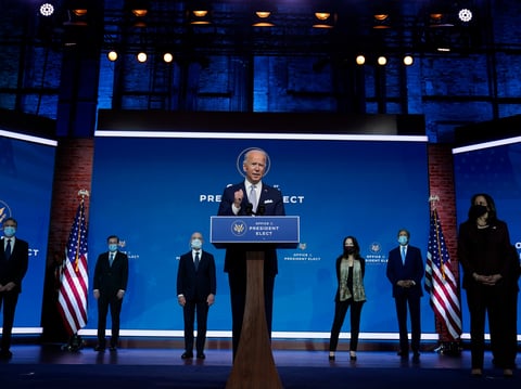 President-elect Joe Biden and Vice President-elect Kamala Harris introduce their nominees and appointees to key national security and foreign policy posts at The Queen theater, Tuesday, Nov. 24, 2020, in Wilmington, Del.