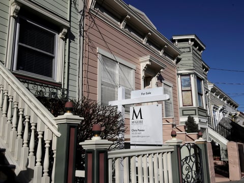 In this Feb. 18, 2020 file photo a real estate sign is shown in front of a home for sale in San Francisco.